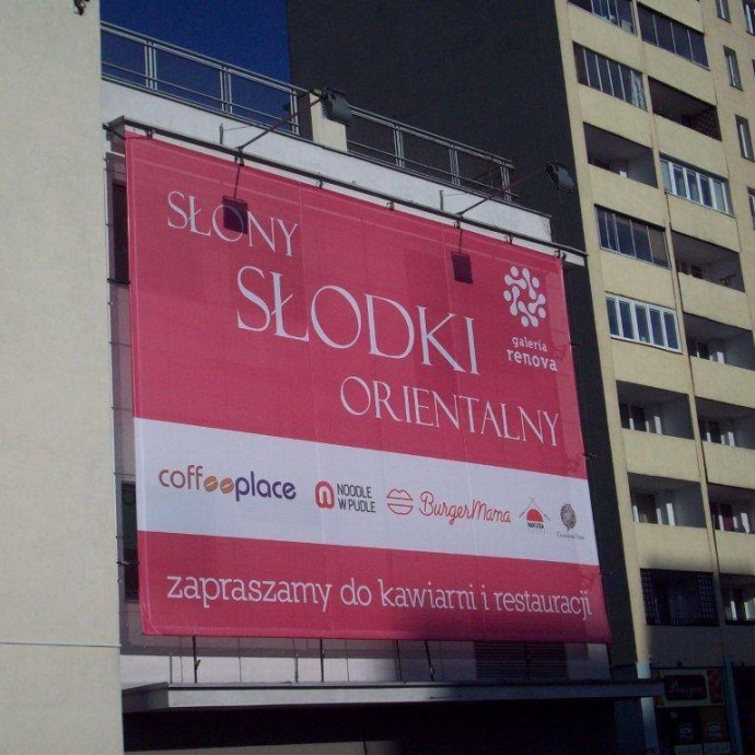 Projekt graficzny, produkcja oraz montaż siatki Mesh dla Galerii Renova